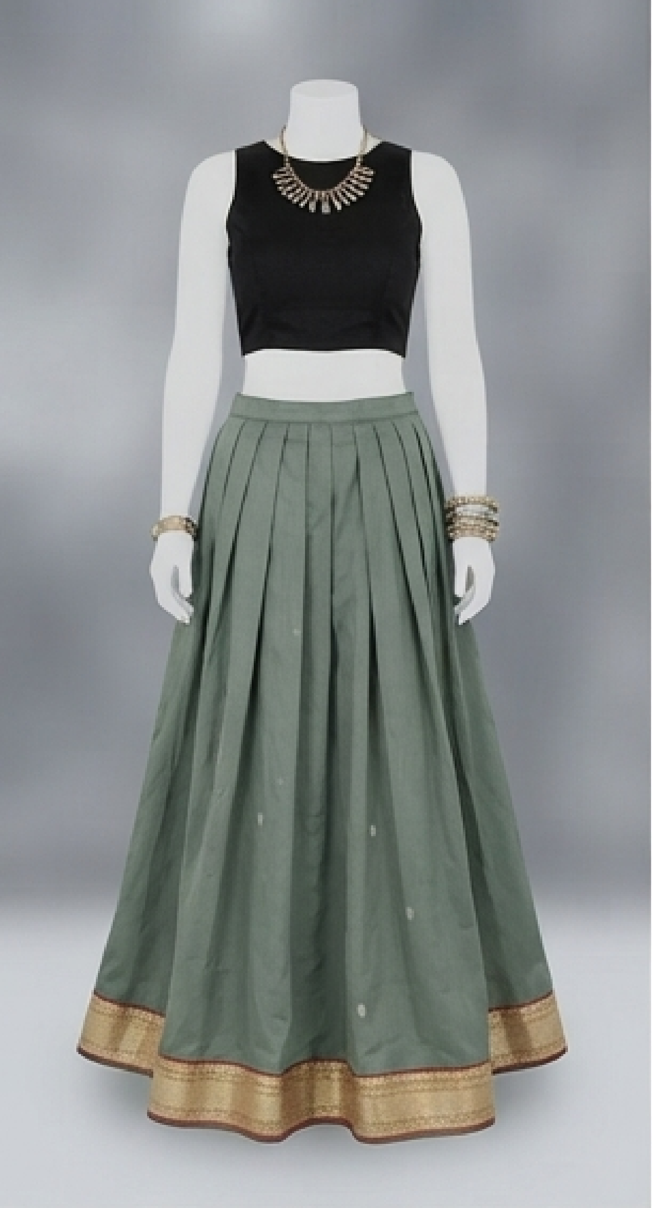 Elegant Pleated Lehenga Choli Set with Traditional Zari Border