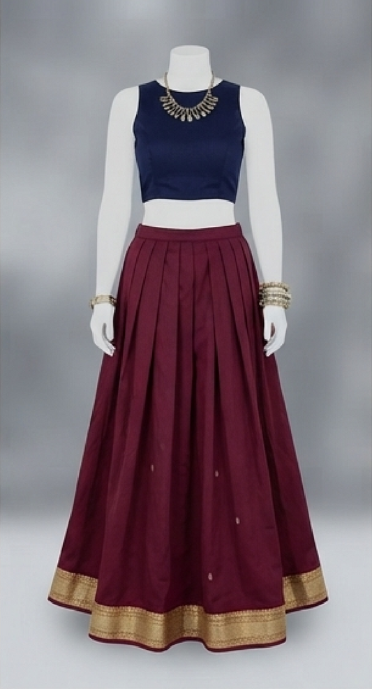 Elegant Pleated Lehenga Choli Set with Traditional Zari Border