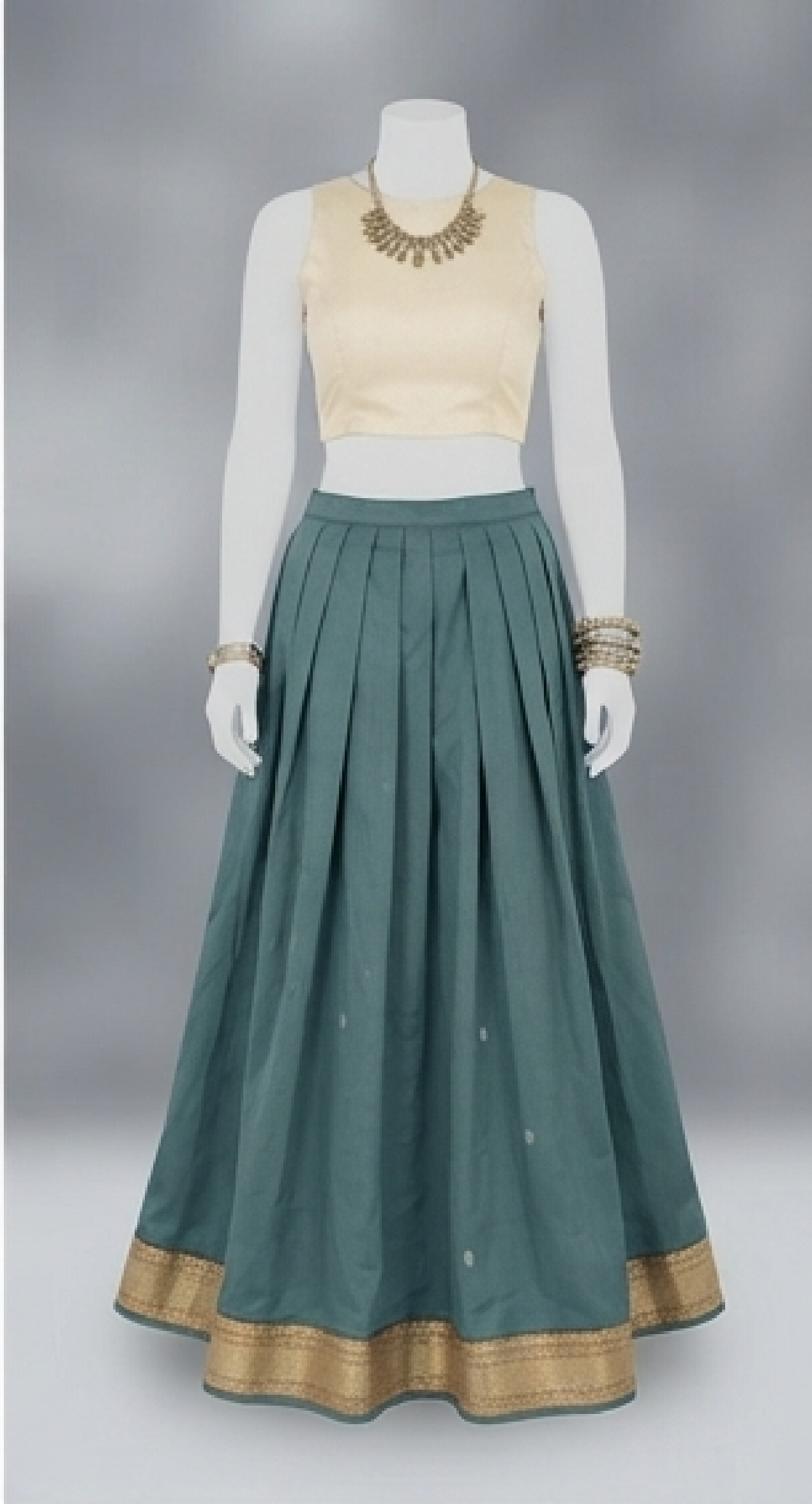 Elegant Pleated Lehenga Choli Set with Traditional Zari Border