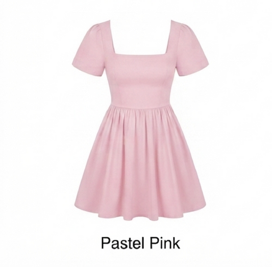 Square Neck Puff Sleeve Fit-and-Flare Mini Dress